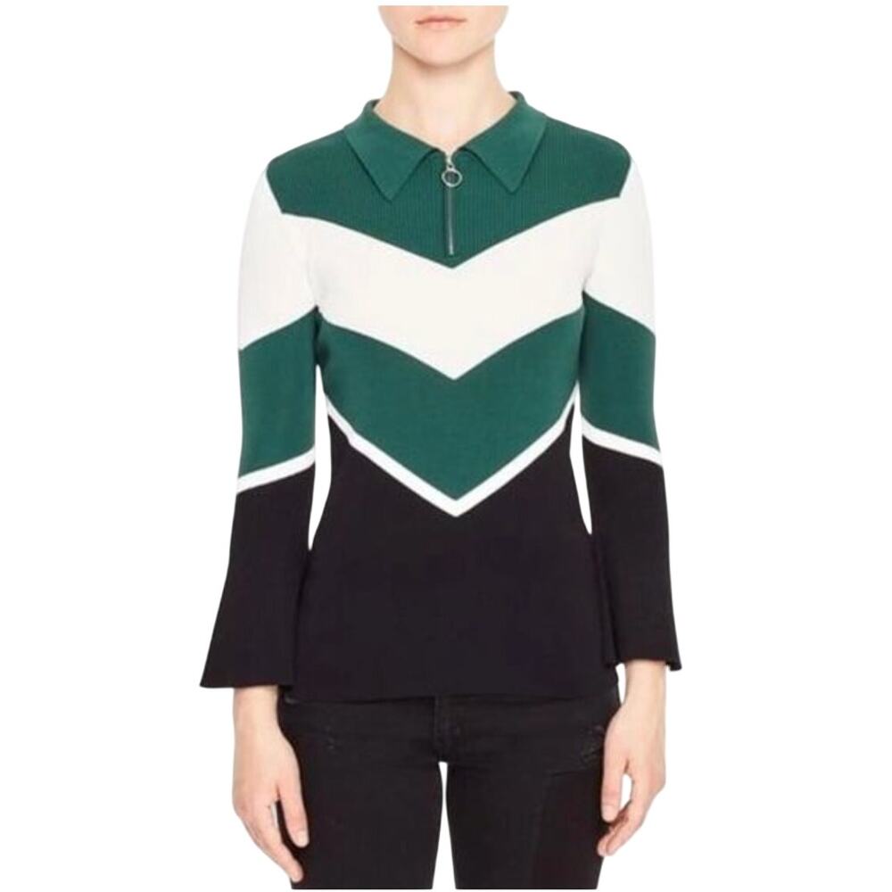 Sandro Sweater Womens XS Green White Black Bell Sleeve Zip Polo Chevron Ribbed